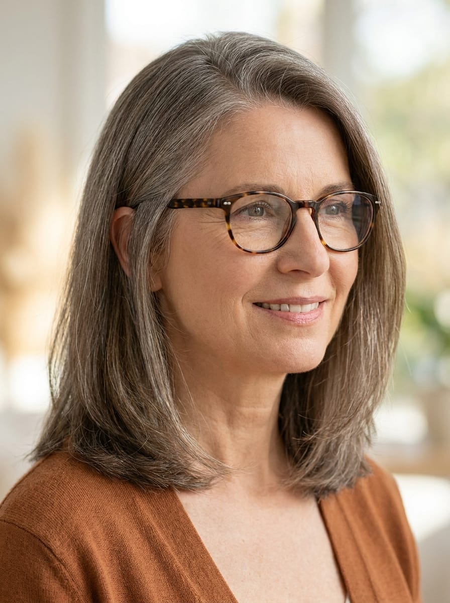Stufige Frisur für feines Haar mit Brille - Frisur ab 50 mit Brille